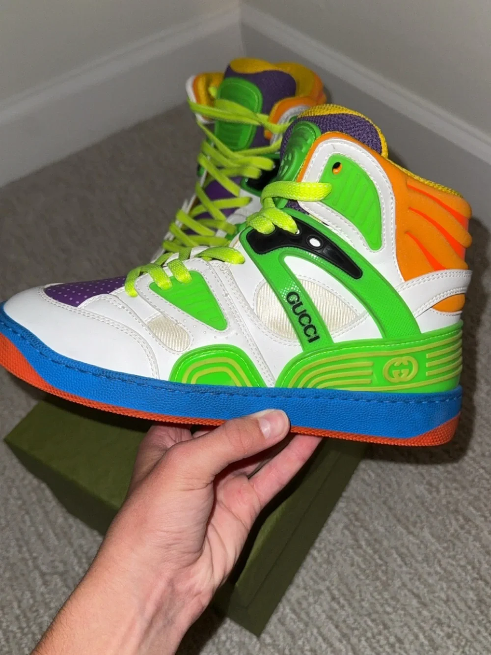 Gucci Kids Neon Green Orange Blue White High-Top Sneakers